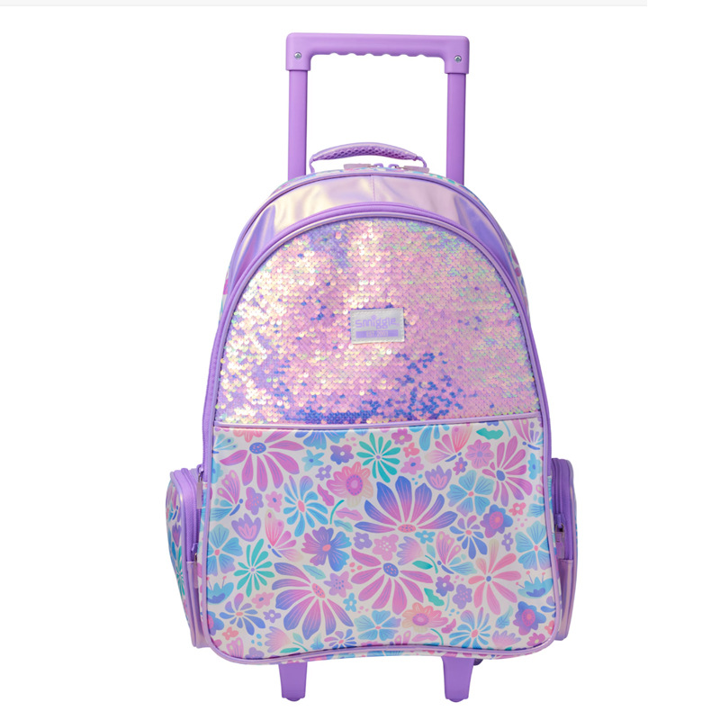 Smiggle Purple Lotus Sequin Trolley Backpack With Light Up Wheels
